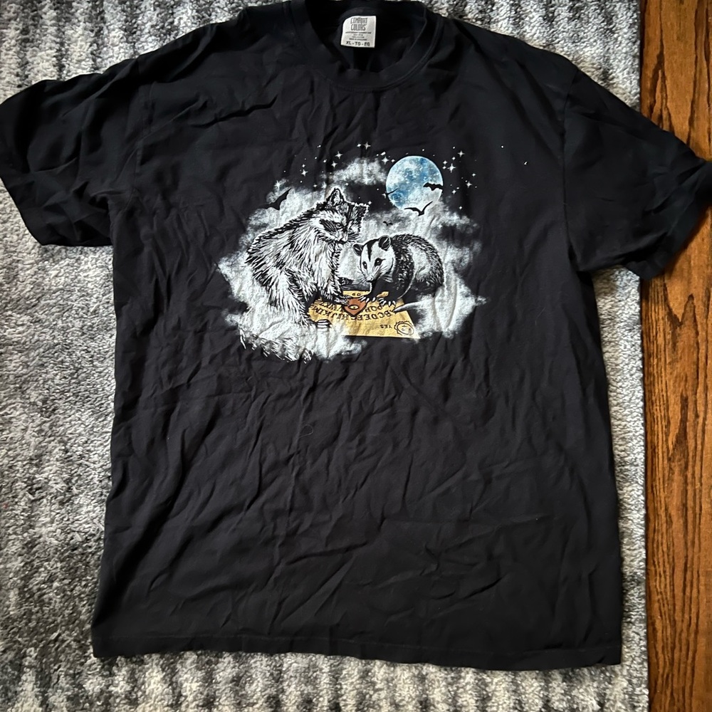 Black Short‑Sleeve Tee with raccoon & Opossum Graphic